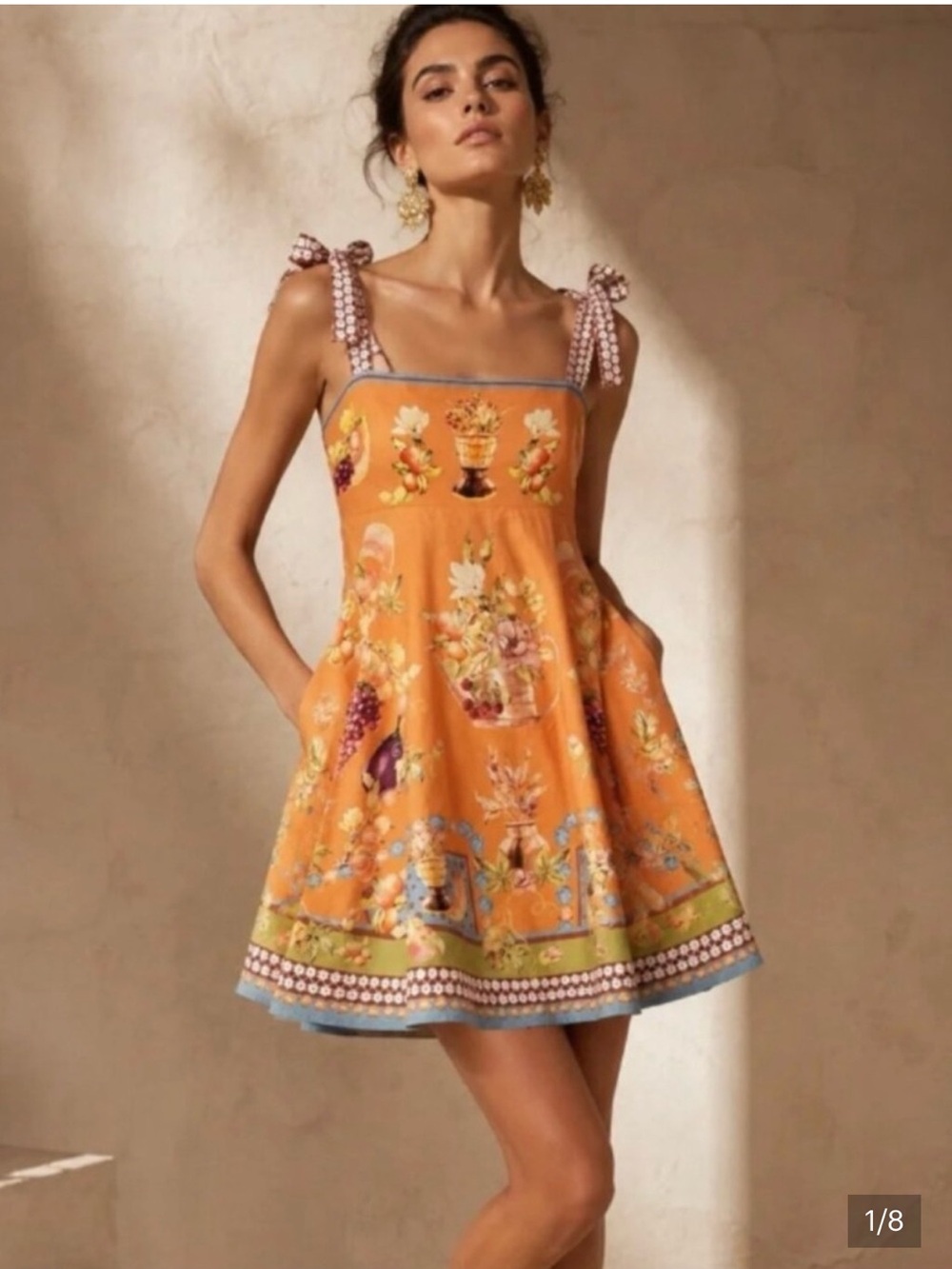 NWT - Caroline Constas Floral Orange Tie-Shoulder Sundress - Small